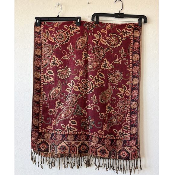Burgundy Red & Gold Paisley Shawl Wrap Neck warmer Tassels 66”x27” Reversible - Picture 5 of 5